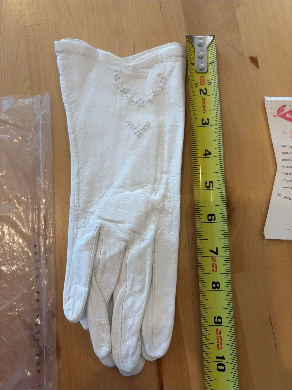 Vintage new in package White Leather Gloves with Embroidered Detail